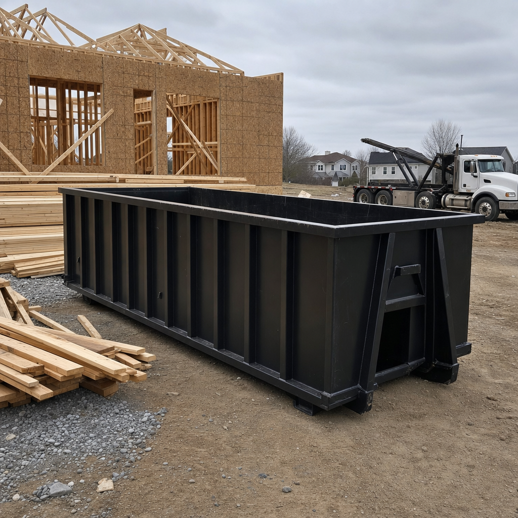 Matte-black 40-yard roll-off dumpster staged on a framed-out residential construction site in Owings Mills, framing lumber stacked nearby, hooklift delivery truck visible in the background under bright Colorado daylight