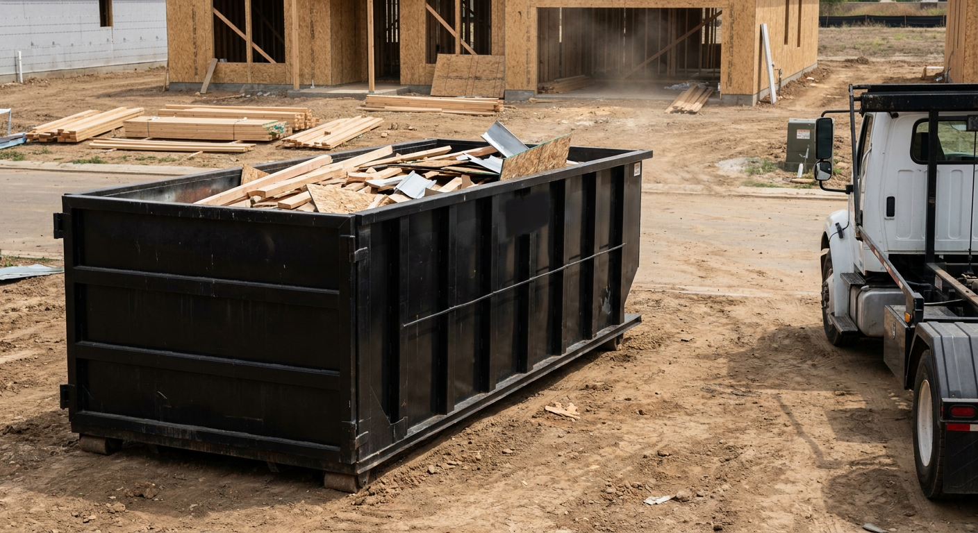 Matte-black 20-yard roll-off construction dumpster with heavy ribbed steel sidewalls and swing rear doors at a working jobsite in Owings Mills, sitting directly on compacted dirt with an unmarked white hauler partially visible at the far edge of the frame.