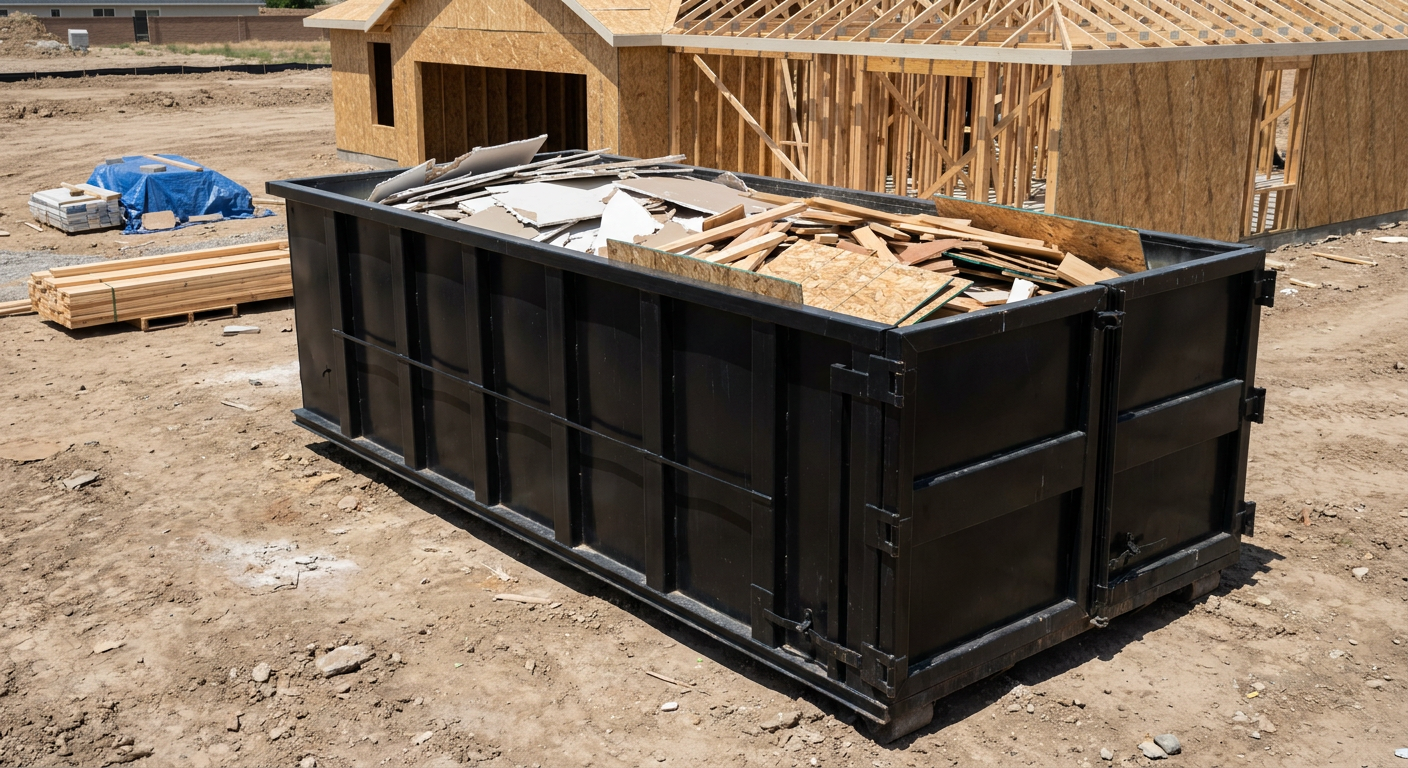 Matte-black 30-yard roll-off construction dumpster sitting directly on the compacted-dirt site of a framed single-family home build in Owings Mills, drywall and lumber scrap loaded inside.