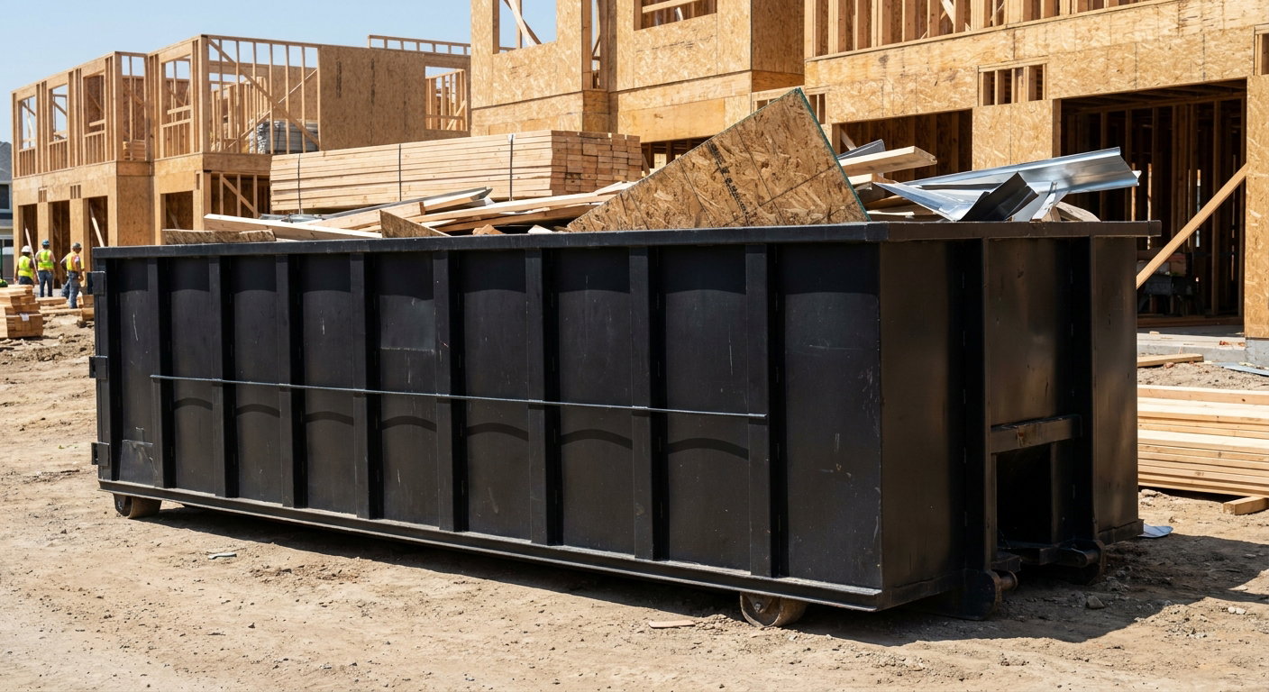 Matte-black 40-yard roll-off construction dumpster being lowered from a white-cab hooklift delivery truck onto the compacted-dirt jobsite at a commercial build site in Owings Mills