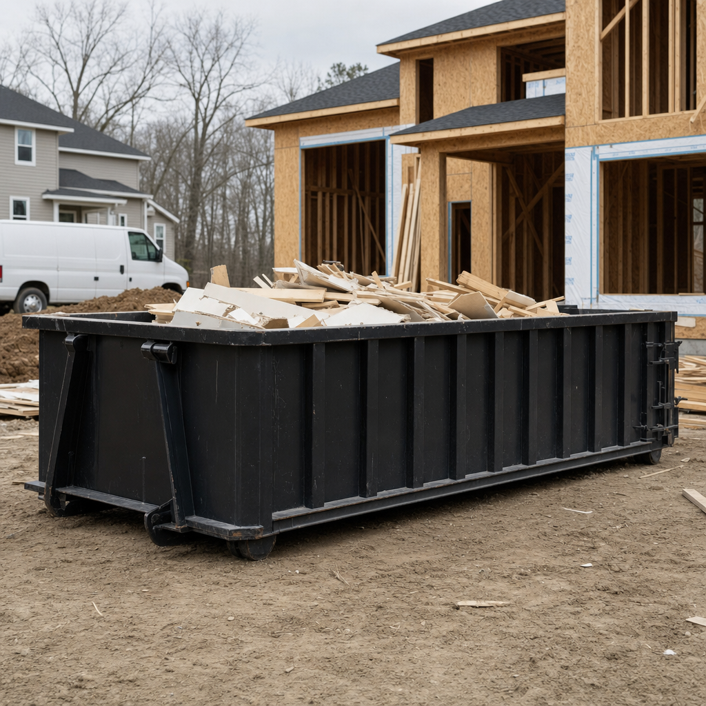 Worker in a yellow high-visibility vest tossing framing lumber and broken drywall into a matte-black 30-yard construction roll-off dumpster on an active build site in Owings Mills, bright daylight