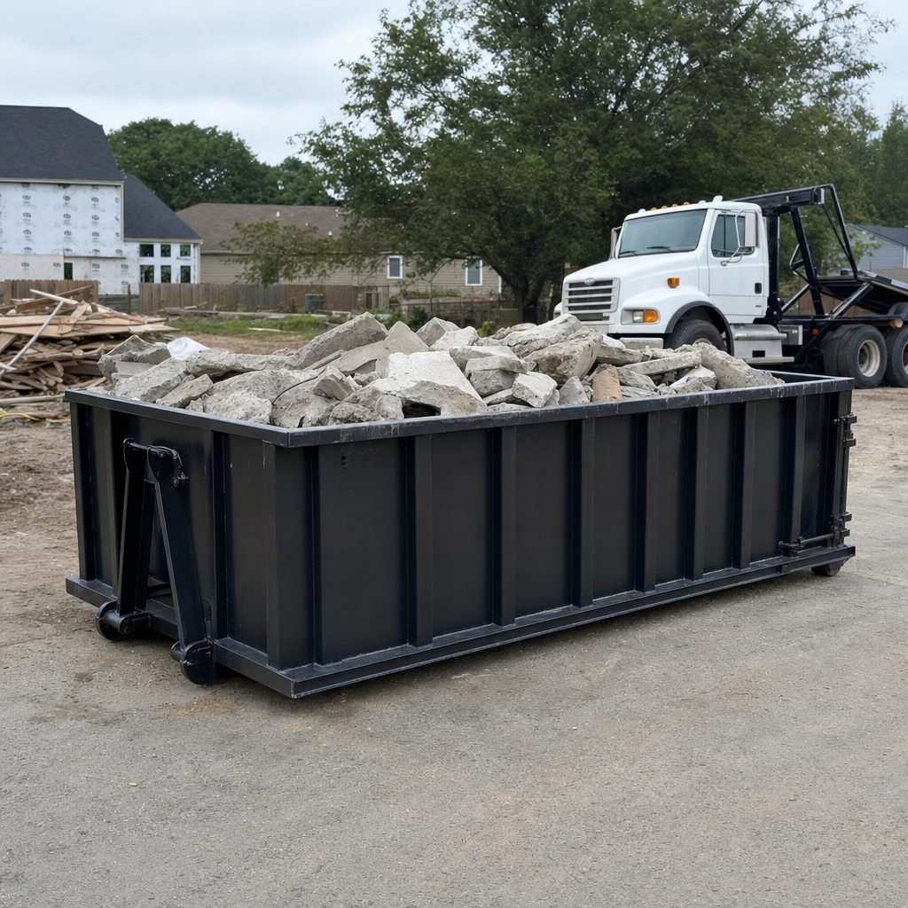 Low-profile matte-black lowboy roll-off dumpster loaded with broken concrete slab and rebar at a foundation tear-out in Owings Mills, skid steer parked beside it, sunny Colorado morning