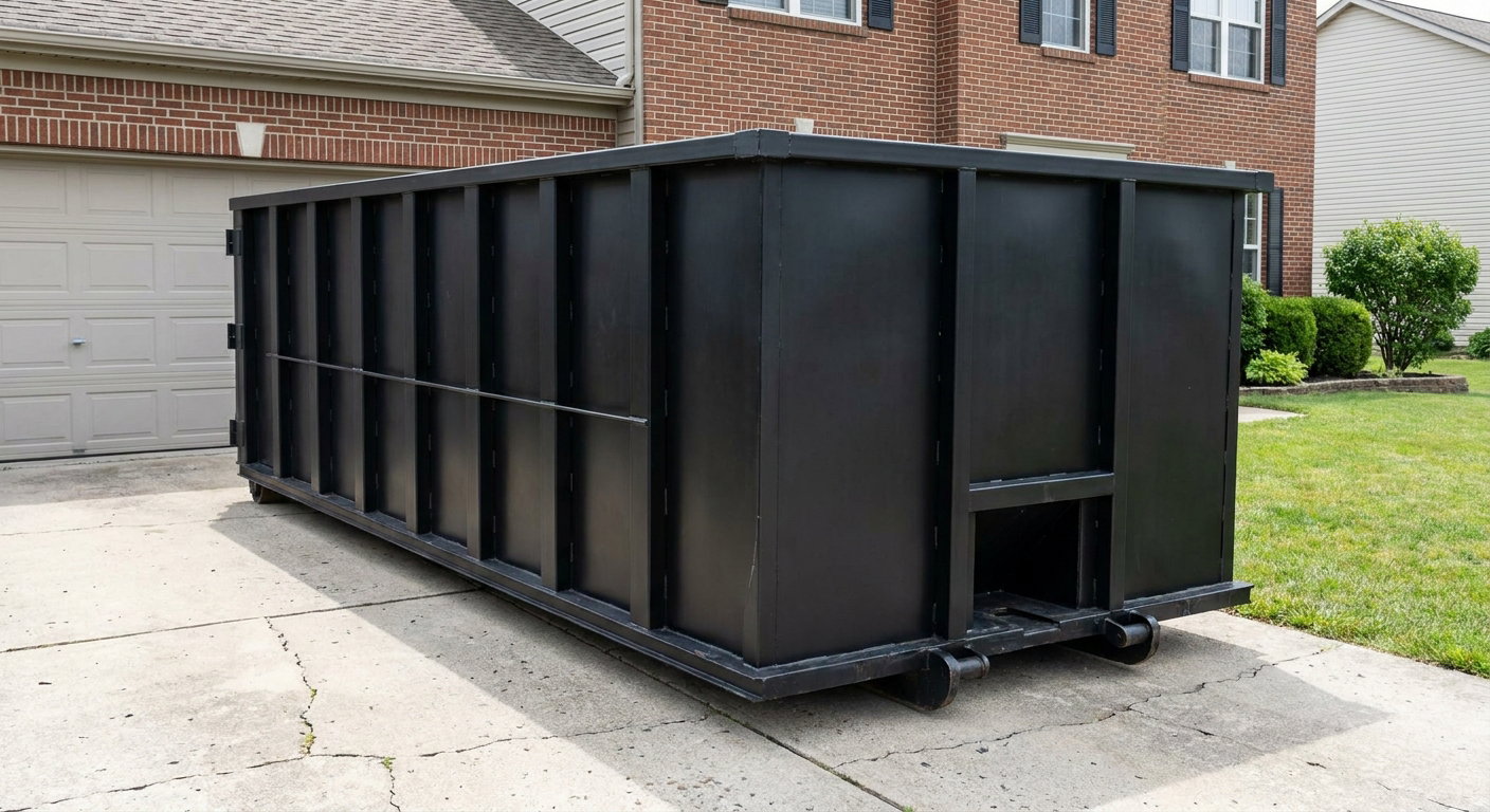 Matte-black 20-yard roll-off container on a Owings Mills residential concrete driveway with reinforced ribbed steel sidewalls and a hinged rear walk-in door, clean bright daylight.