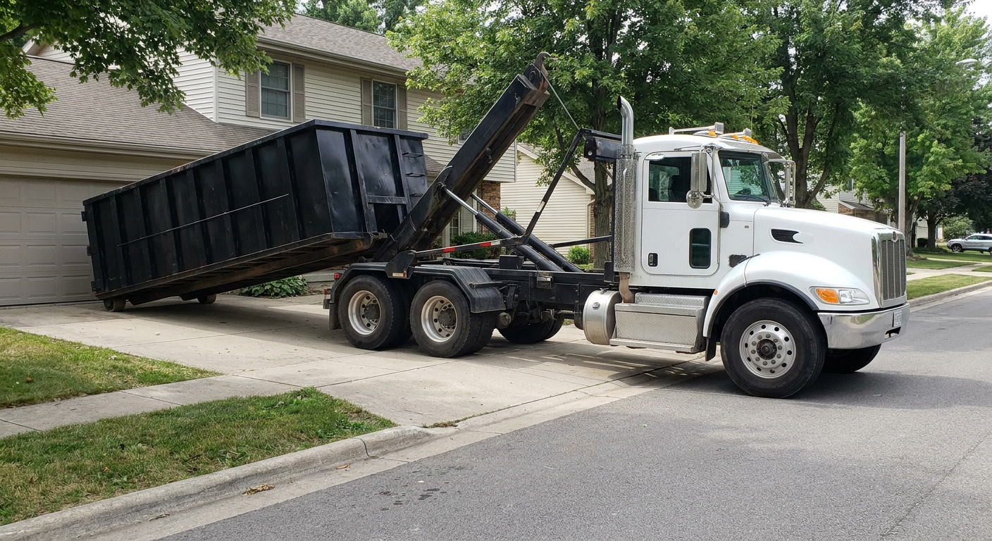 White-cab hooklift roll-off truck actively lowering a matte-black dumpster onto a Owings Mills residential concrete driveway, the dumpster's rear wheels touching the driveway as the hoist arm tilts the bed forward, mid-morning daylight.