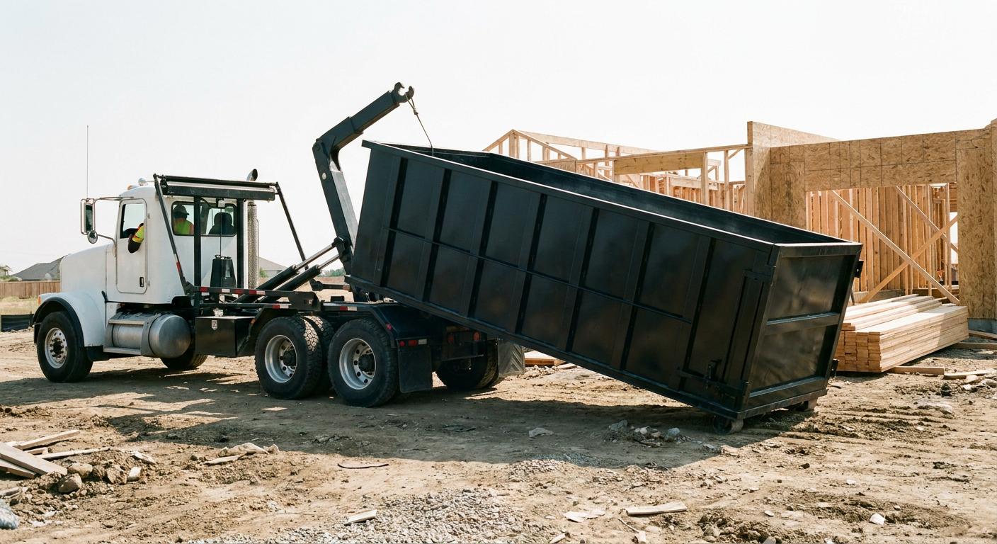 Matte-black roll-off dumpster being delivered onto a clean residential concrete driveway in Owings Mills by an unmarked white hooklift hauler truck, bright morning daylight, documentary 35mm perspective.