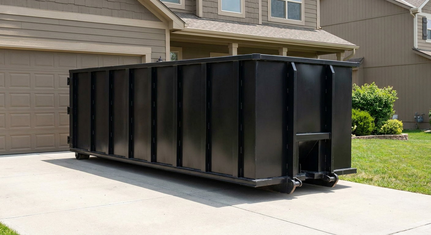 Matte-black residential roll-off dumpster sitting directly on a suburban Owings Mills concrete driveway, garage door closed, single-family home in background, bright morning daylight.