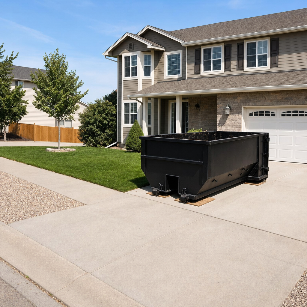 10-yard matte-black residential dumpster placed directly on a narrow Owings Mills concrete driveway, room remains for a parked sedan beside it, mid-morning natural light