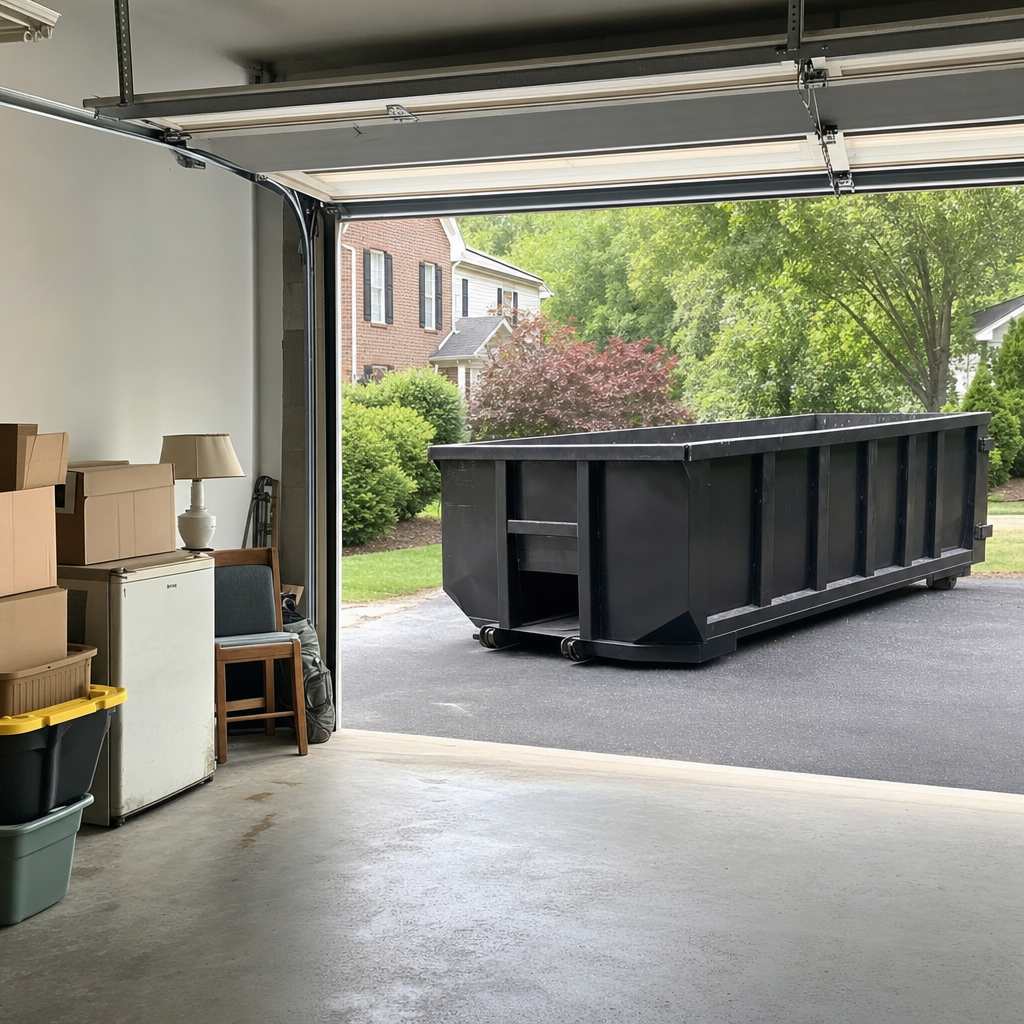 Open garage interior in a Owings Mills home mid-cleanout — boxed items, an old appliance, and stacked yard tools queued near the driveway for a matte-black roll-off dumpster, organized and calm