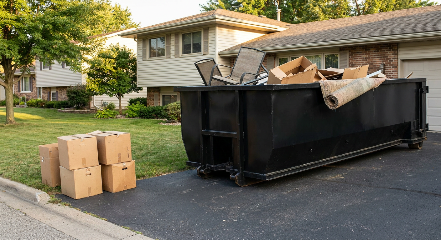Front-yard view of a Owings Mills split-level home with a 20-yard matte-black roll-off dumpster sitting directly on the asphalt driveway, a few clearly labeled donation boxes staged at the curb, calm sunny afternoon.