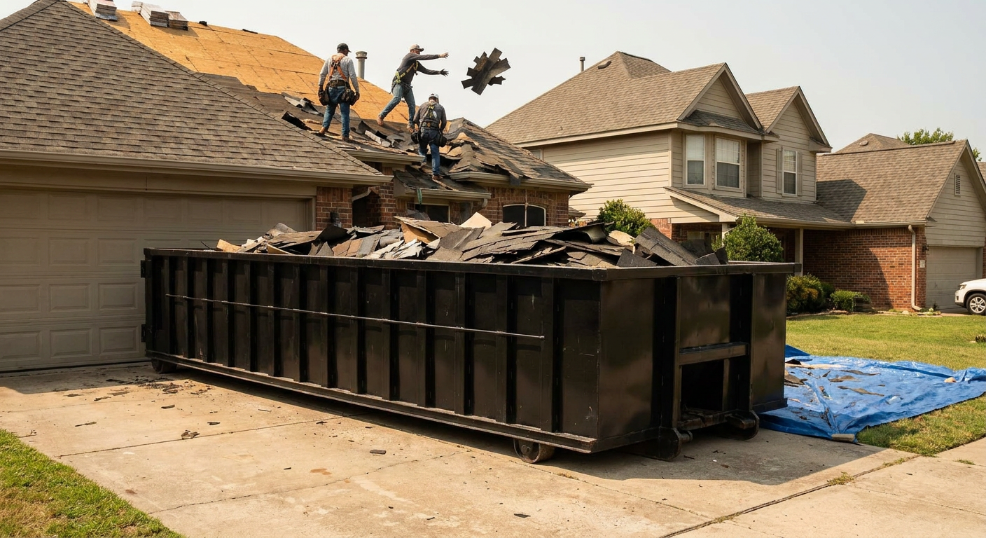 Matte-black roofing roll-off dumpster placed directly on a Owings Mills residential concrete driveway, a tear-off crew on a two-story asphalt-shingle roof tossing shingle bundles into the low-walled container, bright daylight, documentary 35mm perspective.