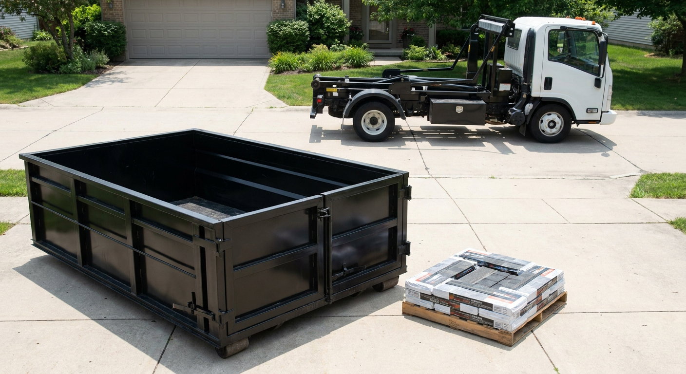 Matte-black 15-yard roofing roll-off dumpster with reinforced low side walls sitting directly on a Owings Mills residential concrete driveway, three-tab asphalt shingle bundles stacked nearby, an unmarked white hauler truck partially visible at the edge of the frame.