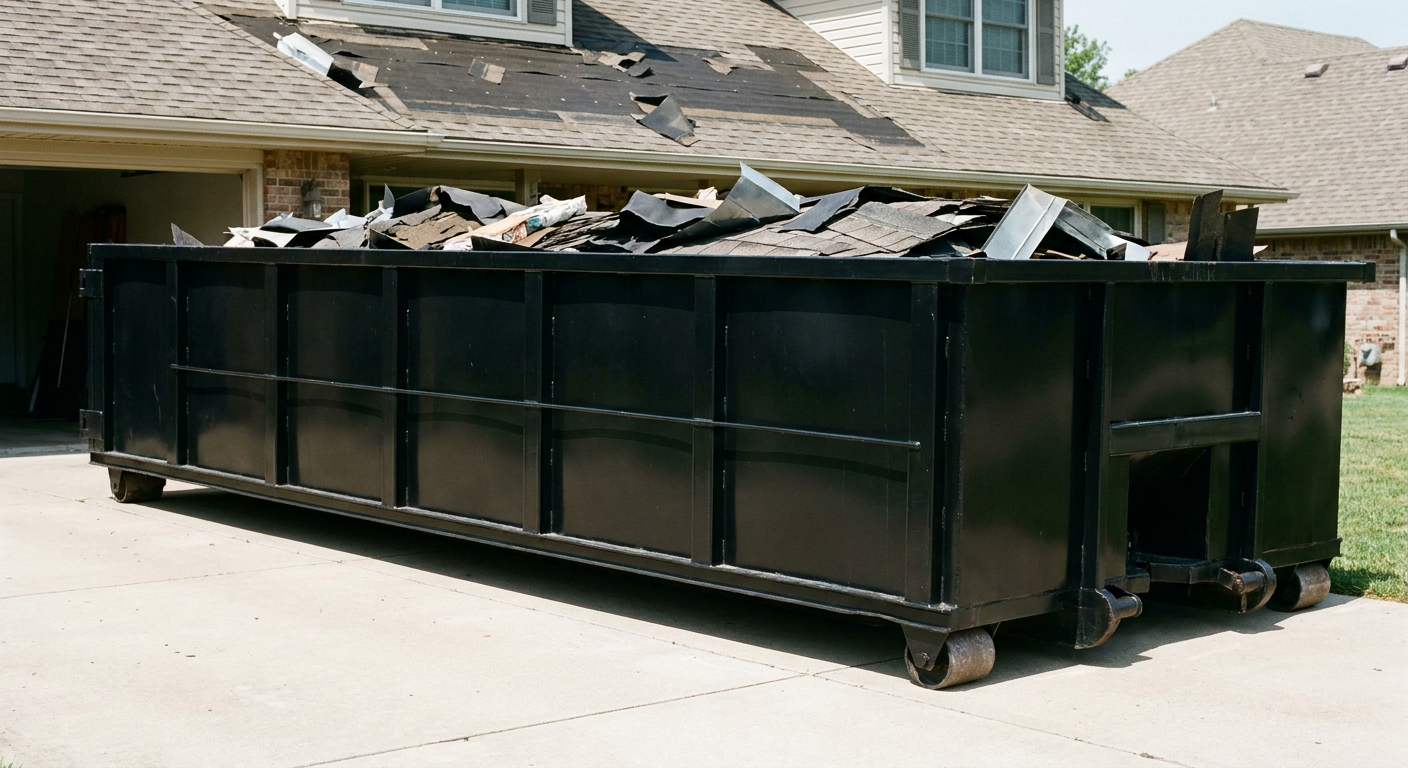 Matte-black 20-yard roofing roll-off dumpster with steel ribbed sides and swinging rear door, sitting directly on the concrete driveway of a two-story Owings Mills home, asphalt shingle debris being loaded over the low wall, clean documentary lighting.