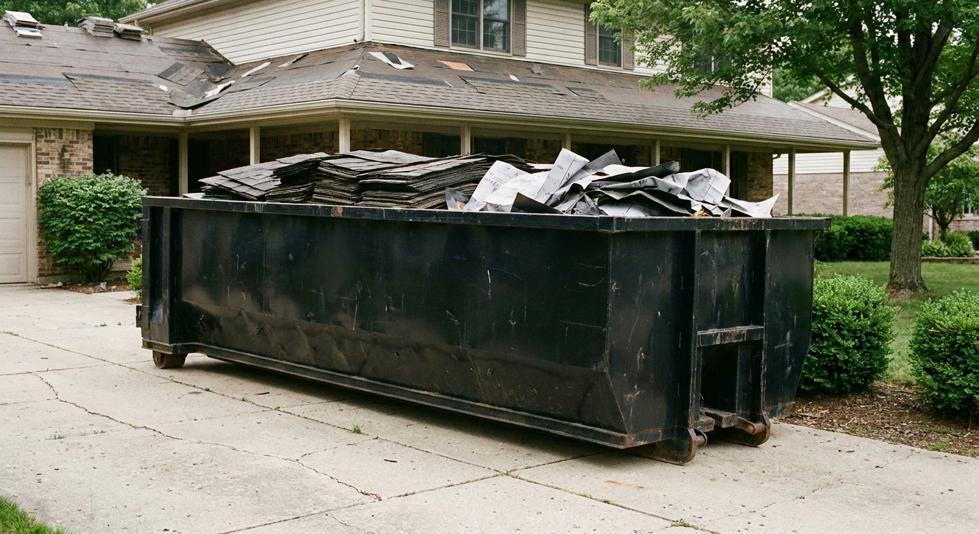 Matte-black 30-yard roofing roll-off dumpster sitting directly on a Owings Mills concrete driveway, taller ribbed steel side panels, mixed tear-off debris of asphalt shingles and underlayment inside, professional documentary daylight.