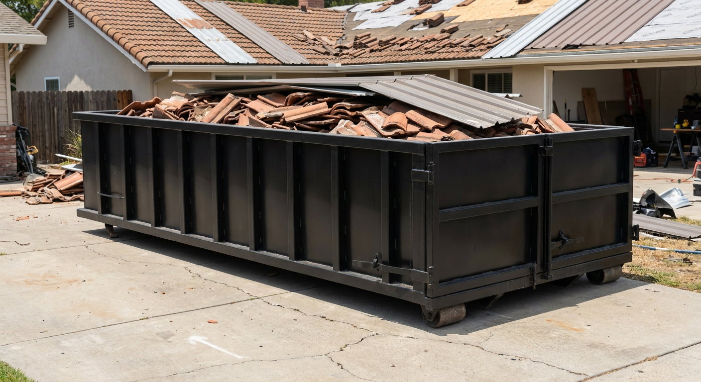 Matte-black low-wall heavy-debris roofing roll-off dumpster sitting directly on a Owings Mills concrete driveway, broken concrete clay roof tiles and metal panel sections loaded inside, reinforced ribbed steel side walls visible, bright outdoor daylight.