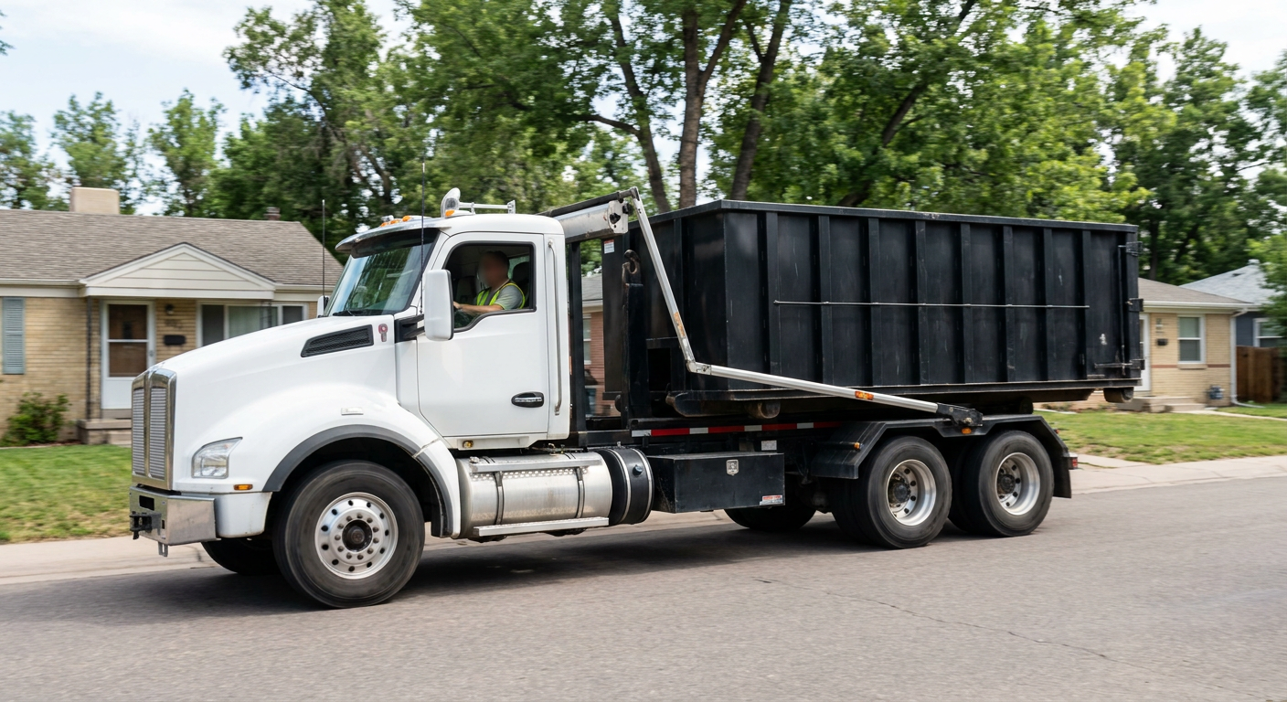 A wide documentary shot of a matte-black roll-off delivery truck pulling onto a quiet Owings Mills residential street at mid-morning, with neighborhood rooftops and tree-lined blocks visible behind, showing the metro coverage footprint.