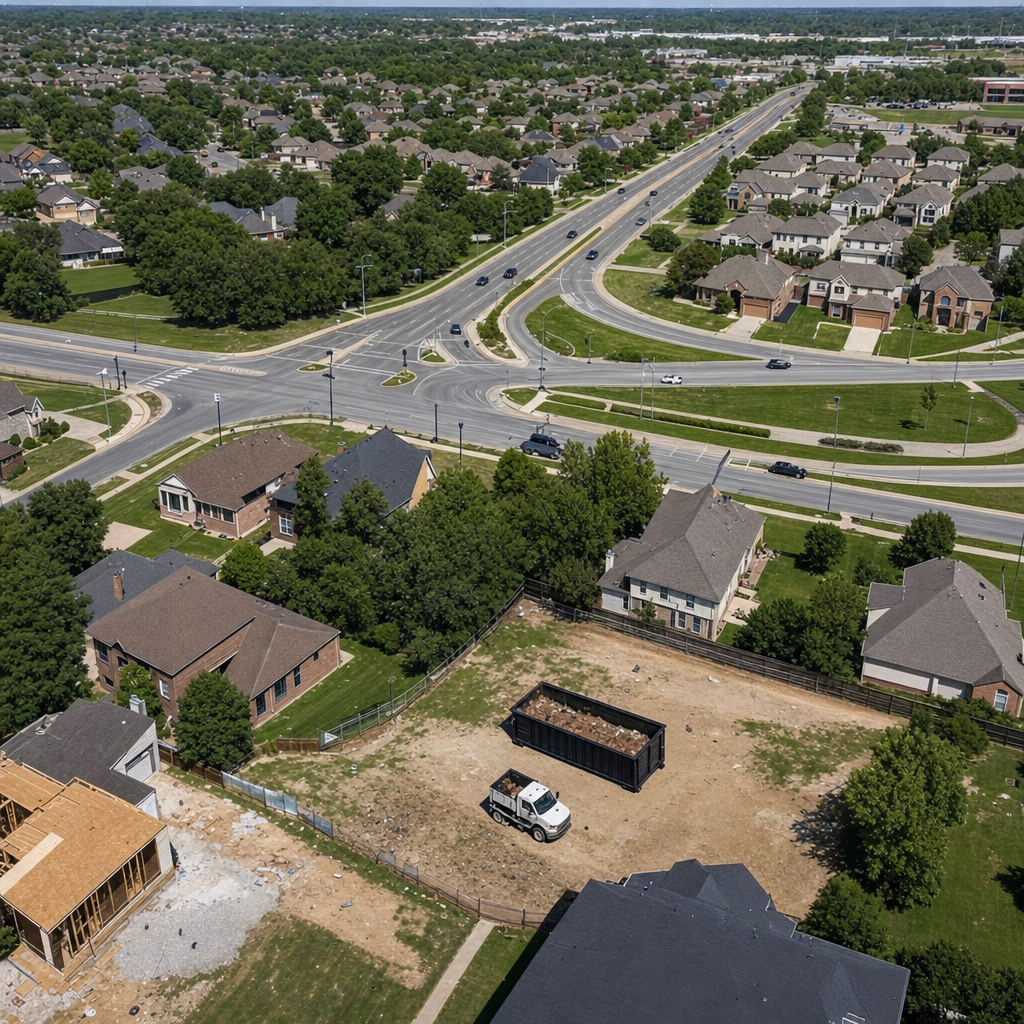 An overhead documentary view of the Owings Mills metro area at midday, showing the spread of neighborhoods, arterial roads, and the dispatch radius from a central yard — clean daylight, organized geographic layout.