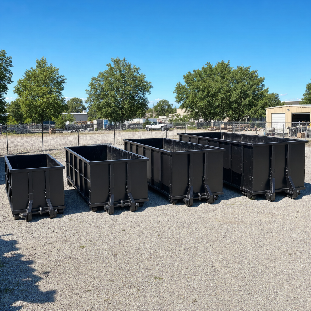 A clean lineup of matte-black roll-off dumpsters in 10, 20, 30, and 40-yard sizes staged on a sunlit gravel yard in Owings Mills, showing the size progression from compact to commercial-scale containers.