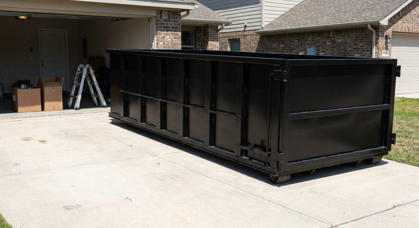 A matte-black 10-yard roll-off dumpster sitting directly on a residential Owings Mills concrete driveway, mid-day sunlight, clean and ready for a garage cleanout.