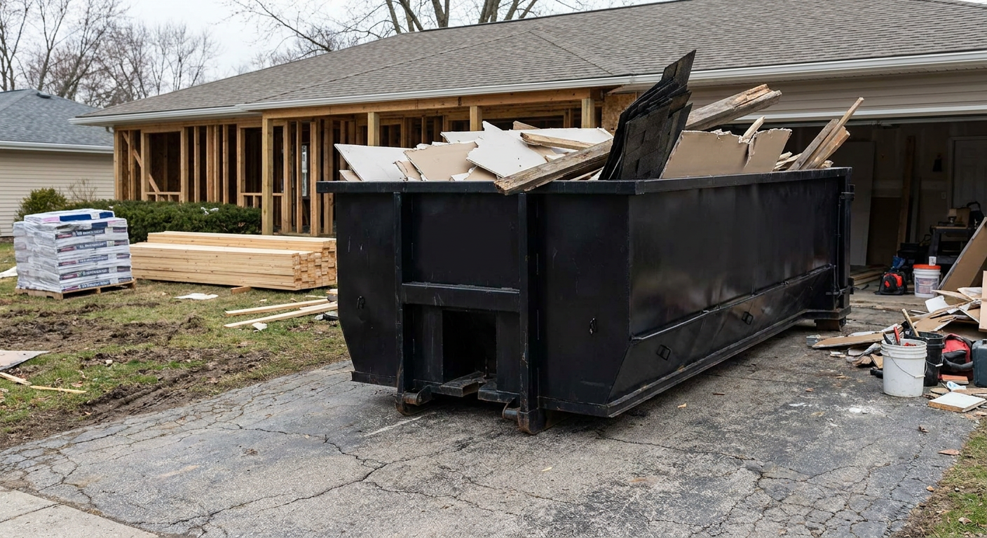 A matte-black 20-yard roll-off dumpster placed alongside a mid-renovation Owings Mills home directly on the asphalt driveway, with framing materials and torn-off shingles staged neatly nearby.