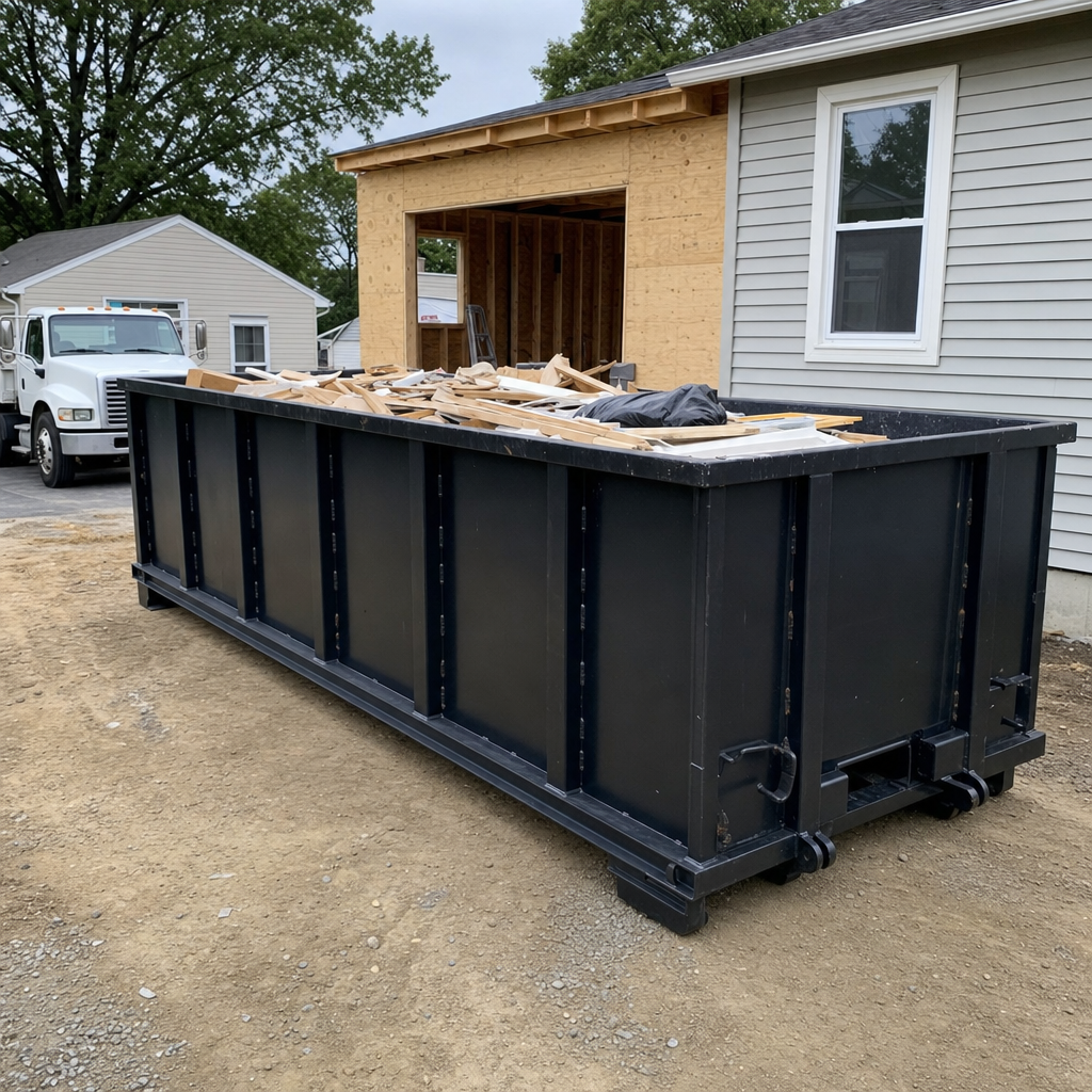 A matte-black 30-yard roll-off dumpster positioned at a Owings Mills residential addition jobsite, with framing lumber and drywall scraps loaded through the open swinging rear doors.
