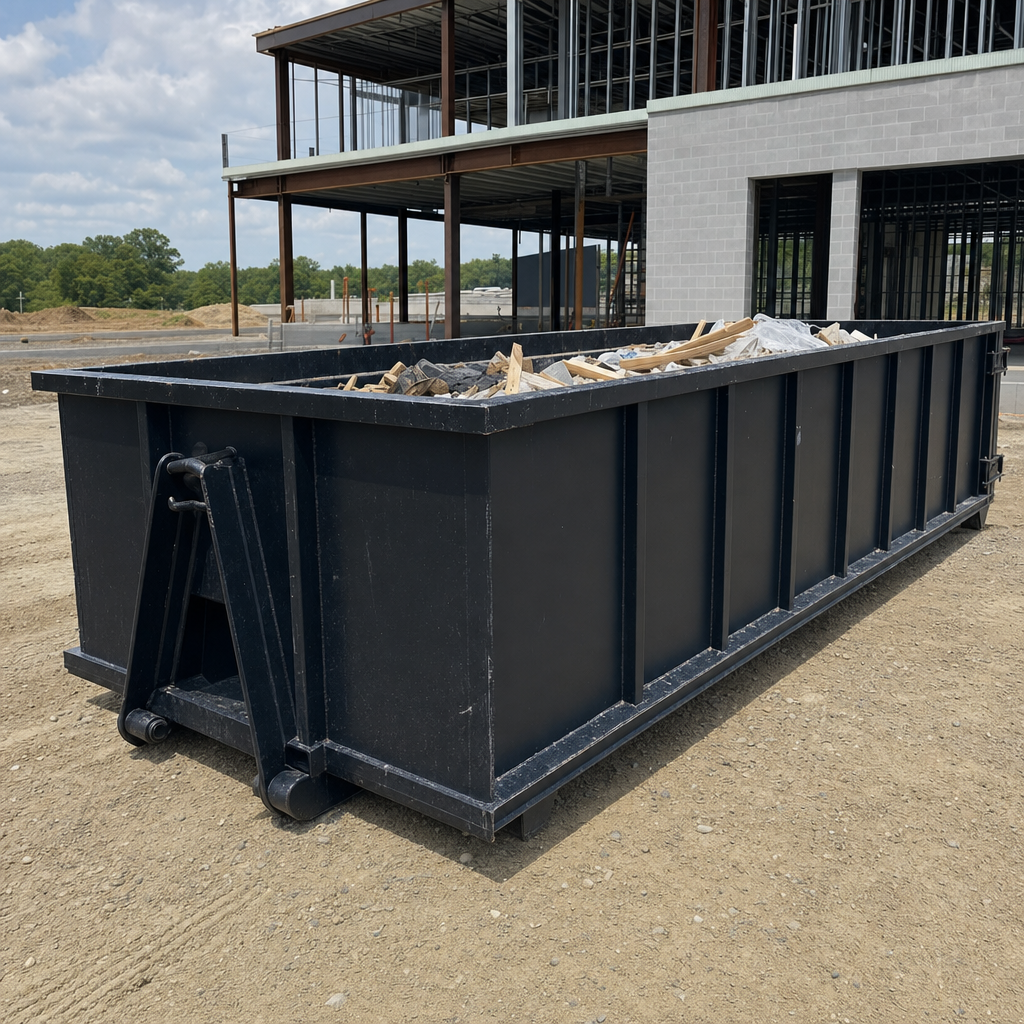 A matte-black 40-yard roll-off dumpster staged on a large Owings Mills commercial construction lot, with a hooklift delivery truck parked alongside under bright midday sky.