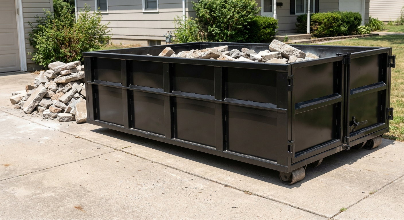 A matte-black low-side heavy-debris roll-off dumpster placed directly on a Owings Mills concrete driveway, with broken concrete chunks neatly stacked beside it under clean daylight.